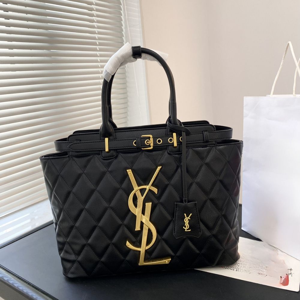 YSL TOTE BAG WITH GOLD TONE BUCKLE QUILTED LAMBSKIN BLACK 34CM