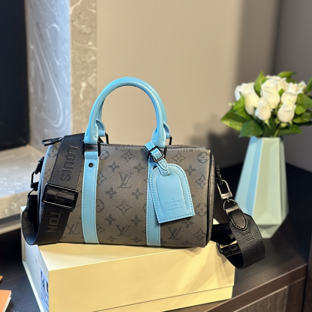 LV KEEPALL BANDOULIÈRE 25 MONOGRAM ECLIPSE REVERSE COATED CANVAS TURQUOISE 25CM M11645