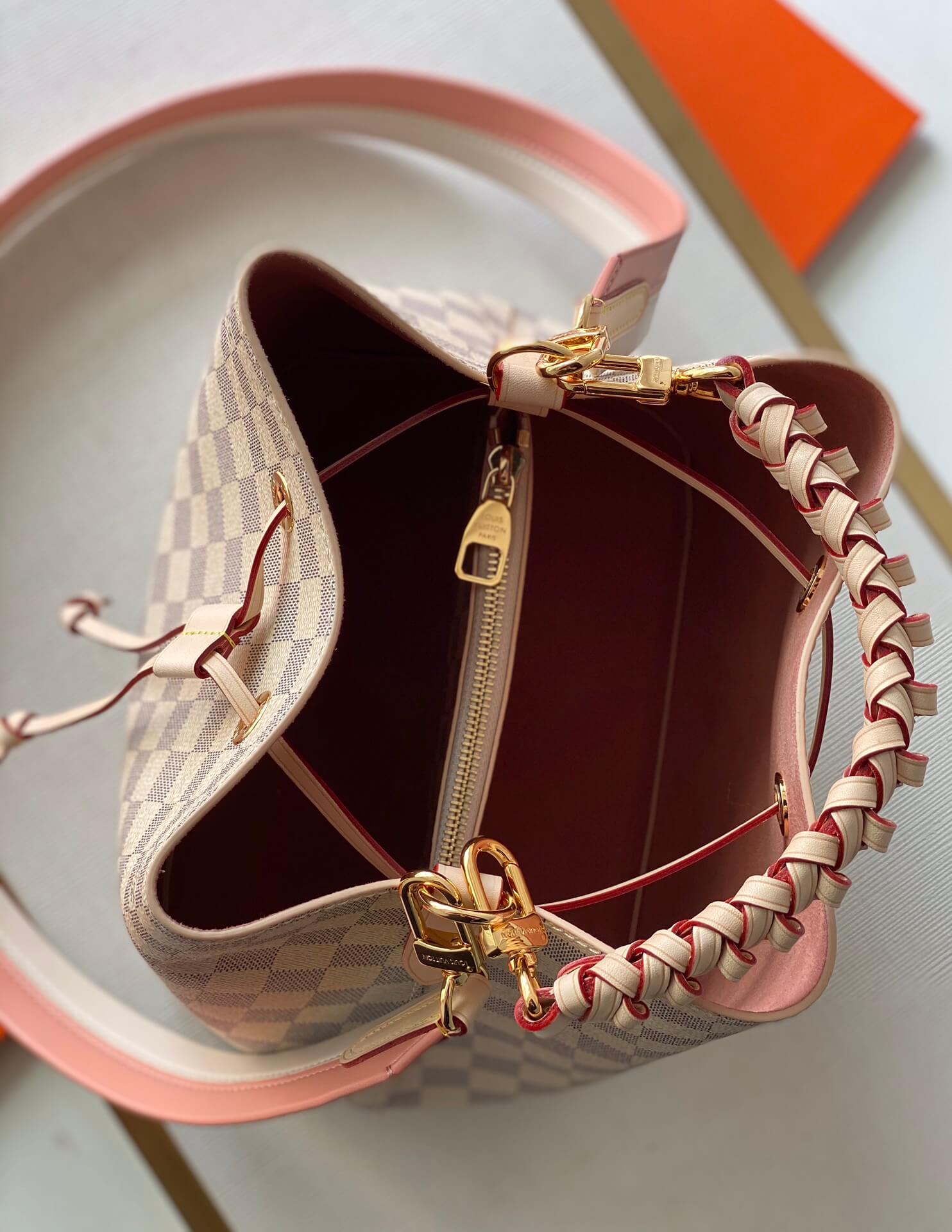 N40344 Neonoe BB Damier Azur bucket bag white real leather trim