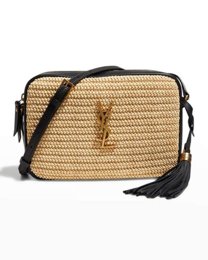 SAINT LAURENT LOU RAFFIA AND SMOOTH LEATHER NATUREL CAMERA BAG 24CM