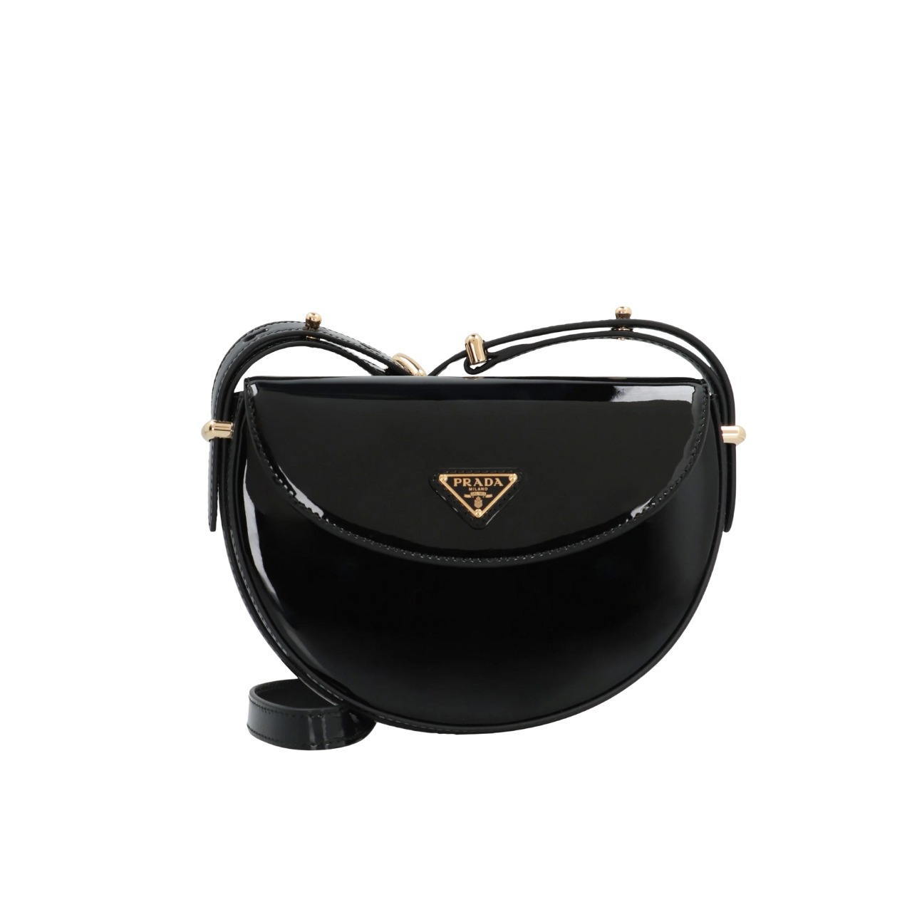 PR TRIANGLE LOGO PATENT LEATHER SHOULDER BAG BLACK 17CM