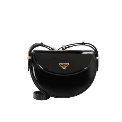 PR TRIANGLE LOGO PATENT LEATHER SHOULDER BAG BLACK 17CM