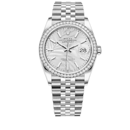 ROLEX DATEJUST SILVER DIAL WITH SILVER STRAP PALM LEAF PATTERN 36MM 126200 0086