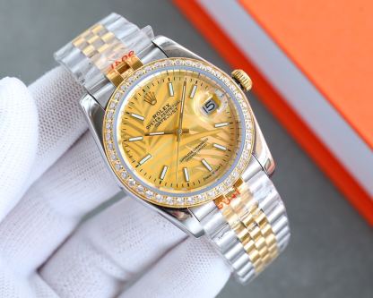 ROLEX DATEJUST GOLD DIAL WITH SILVER AND GOLD STRAP PALM LEAF PATTERN 36MM 126200 0086