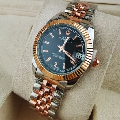 ROLEX OYSTER PERPETUAL DATEJUST BLACK DIAL WITH SILVER AND EVEROSE GOLD STRAP 36MM 116231