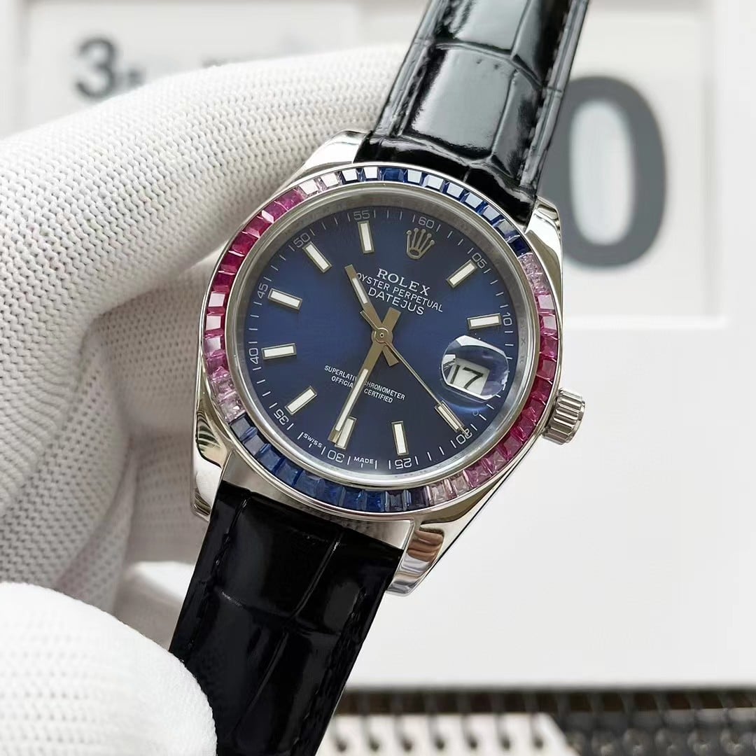 ROLEX OYSTER PERPETUAL DATEJUS NAVY BLUE DIAL RUBY AROUND 40MM