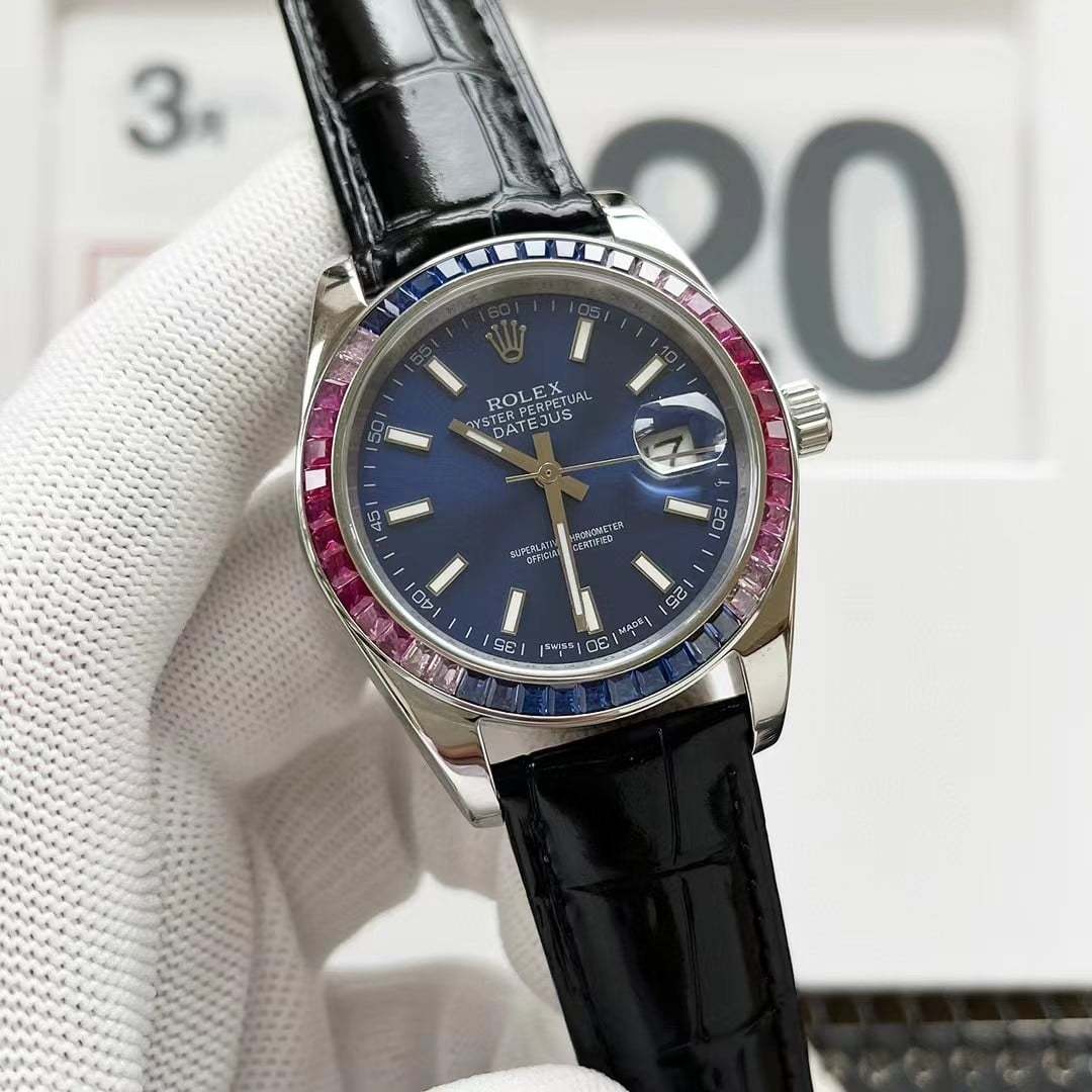 ROLEX OYSTER PERPETUAL DATEJUS NAVY BLUE DIAL RUBY AROUND 40MM