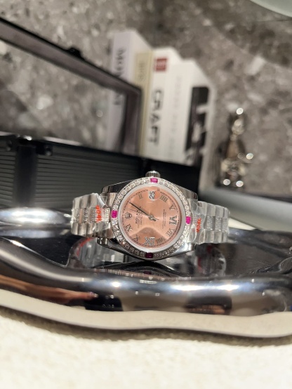 ROLEX LADY DATEJUST BRACELET WHITE GOLD DIAMOND BEZEL PINK ROMAN 31MM