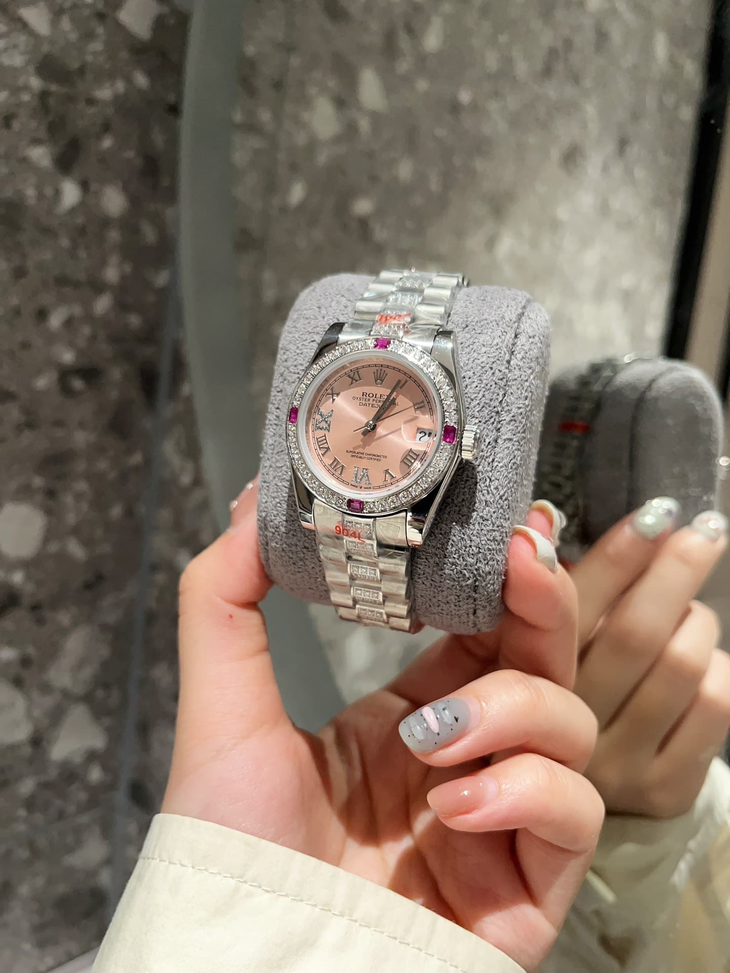 ROLEX LADY DATEJUST BRACELET WHITE GOLD DIAMOND BEZEL PINK ROMAN 31MM