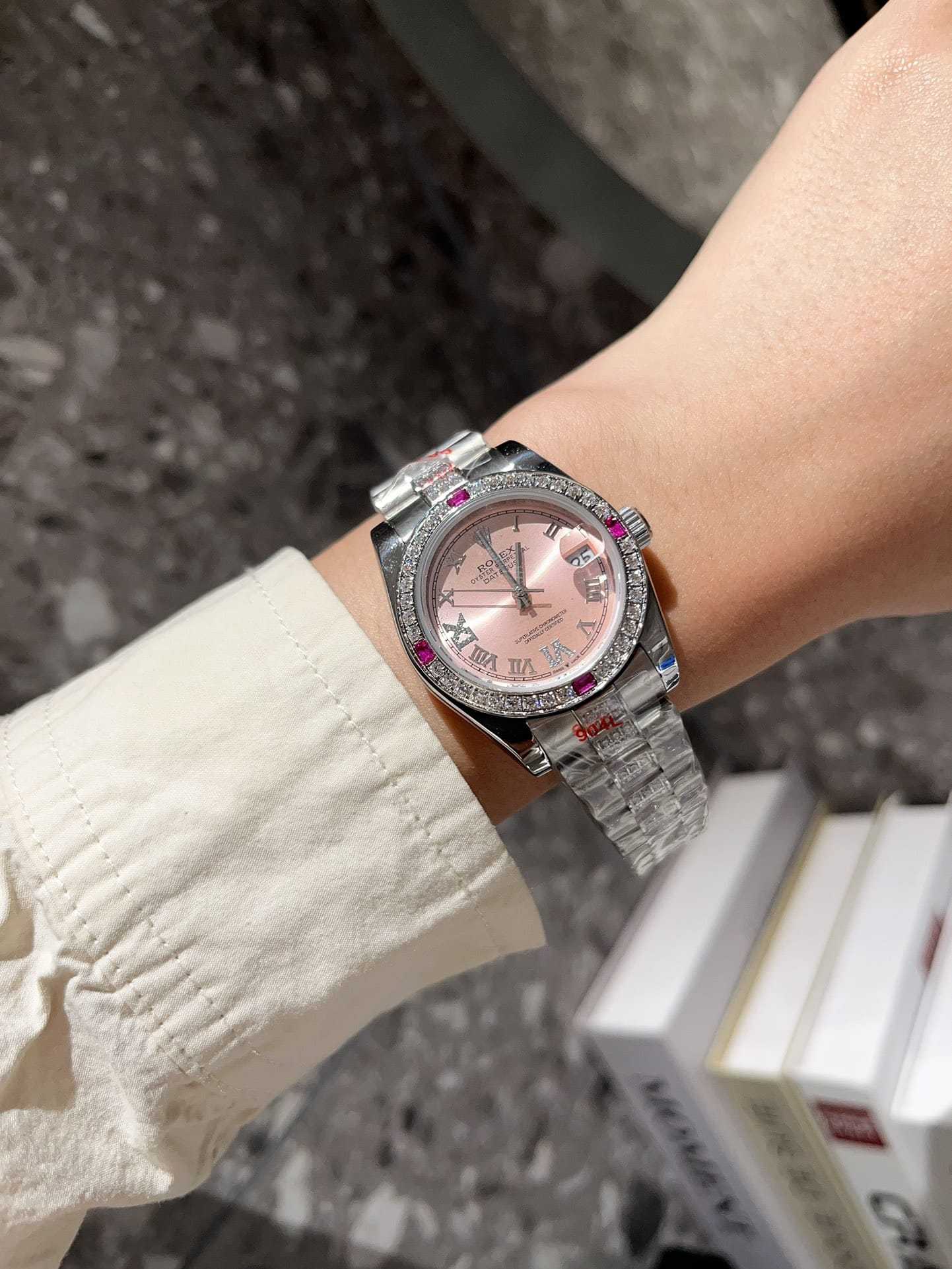 ROLEX LADY DATEJUST BRACELET WHITE GOLD DIAMOND BEZEL PINK ROMAN 31MM