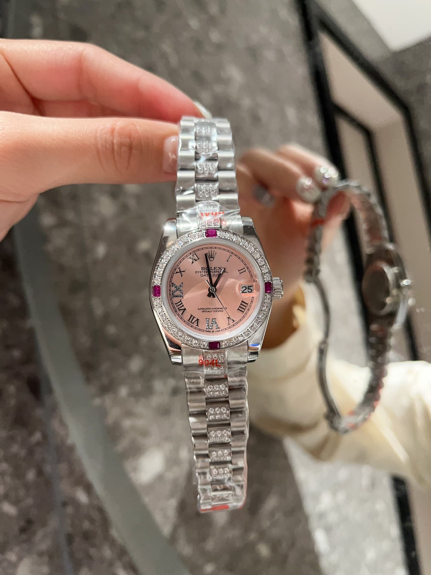 ROLEX LADY DATEJUST BRACELET WHITE GOLD DIAMOND BEZEL PINK ROMAN 31MM