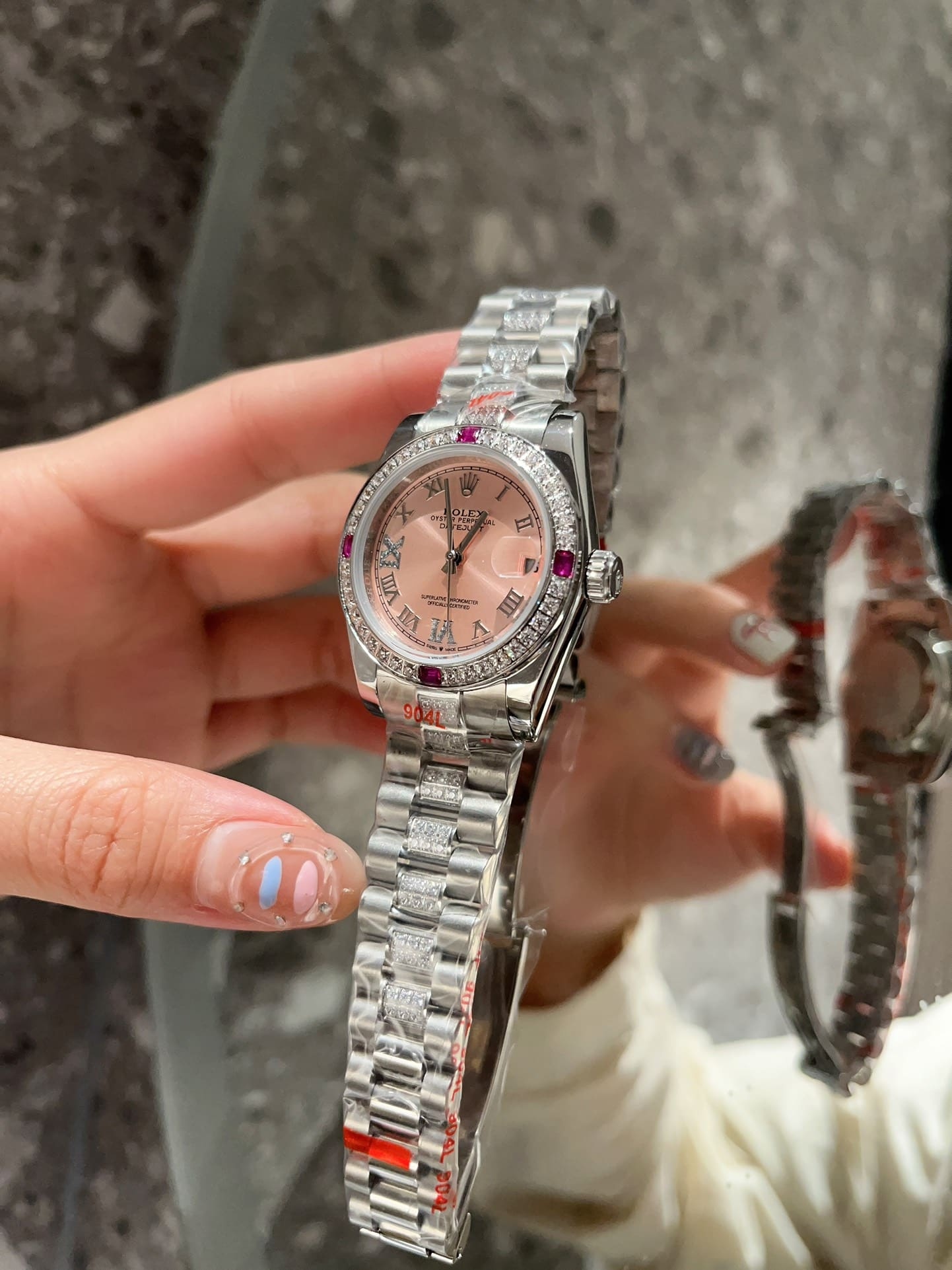 ROLEX LADY DATEJUST BRACELET WHITE GOLD DIAMOND BEZEL PINK ROMAN 31MM