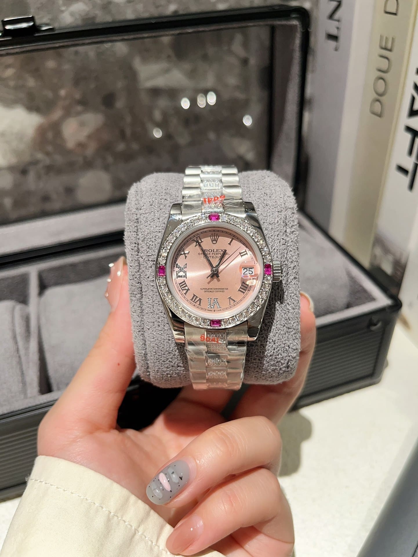 ROLEX LADY DATEJUST BRACELET WHITE GOLD DIAMOND BEZEL PINK ROMAN 31MM