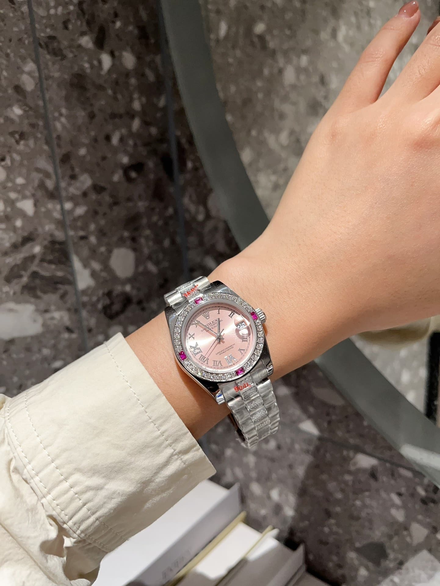 ROLEX LADY DATEJUST BRACELET WHITE GOLD DIAMOND BEZEL PINK ROMAN 31MM