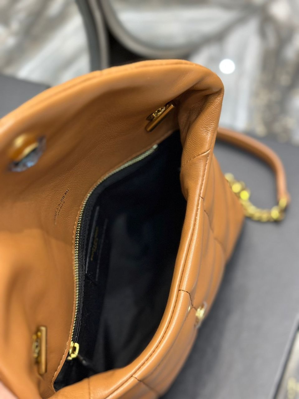 YSL PUFFER TOY BAG IN QUILTED LAMBSKIN LIGHT BROWN 26CM