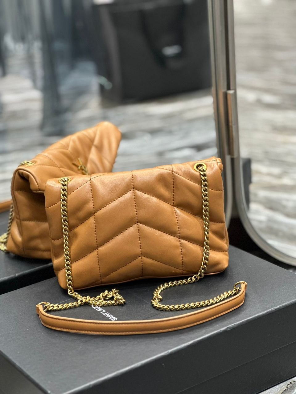 YSL PUFFER TOY BAG IN QUILTED LAMBSKIN LIGHT BROWN 26CM
