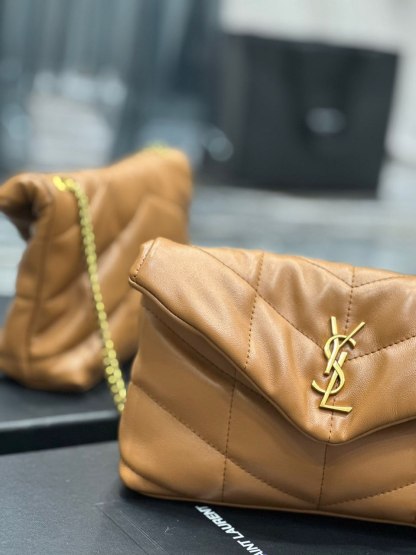 YSL PUFFER TOY BAG IN QUILTED LAMBSKIN LIGHT BROWN 26CM