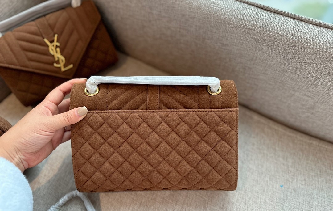 YSL ENVELOPE MEDIUM MATELASSÉ SUEDE SHOULDER BAG BROWN 24CM