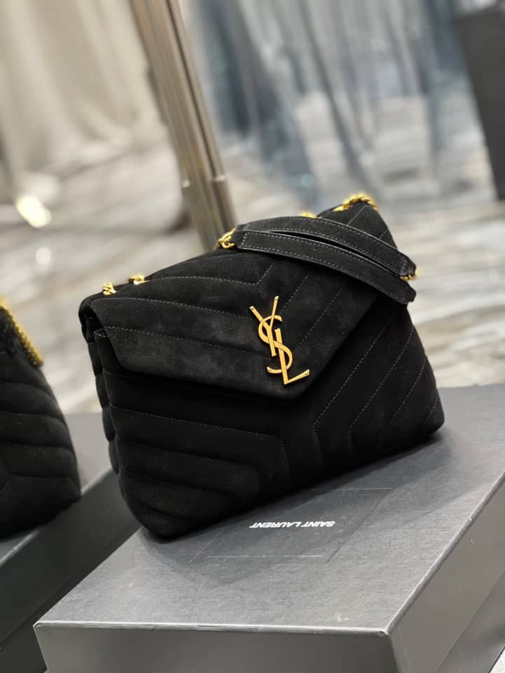 YSL LOULOU SMALL FLAP BAG SUEDE BLACK 25CM