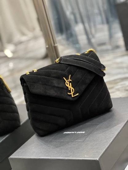 YSL LOULOU SMALL FLAP BAG SUEDE BLACK 25CM