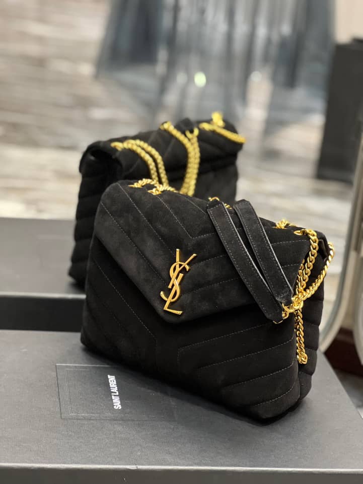 YSL LOULOU SMALL FLAP BAG SUEDE BLACK 25CM