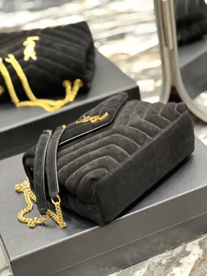 YSL LOULOU SMALL FLAP BAG SUEDE BLACK 25CM