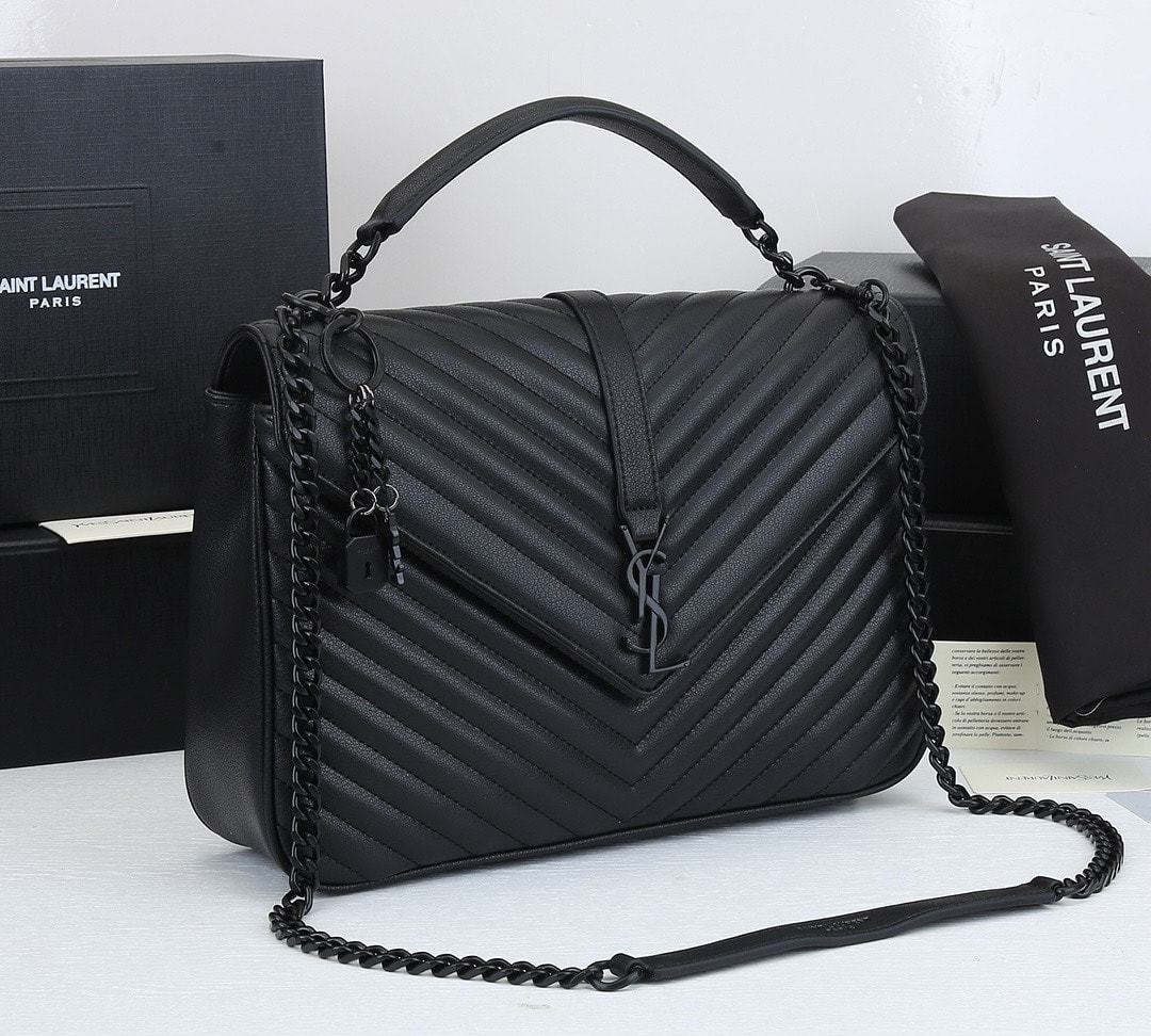 YSL COLLEGE LARGE CHAIN BAG BLACK TONE HARDWARE 32CM