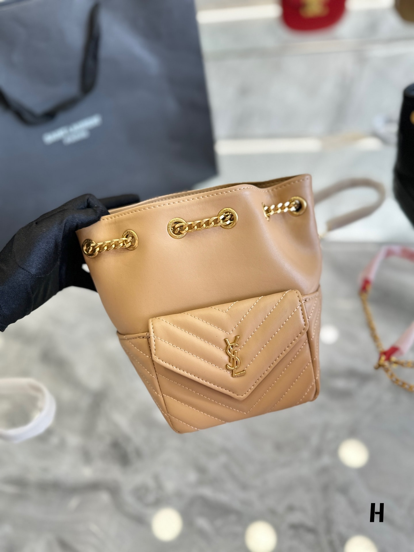 YSL JOE MINI BUCKET BAG IN QUILTED LAMBSKIN DARK BEIGE 19CM