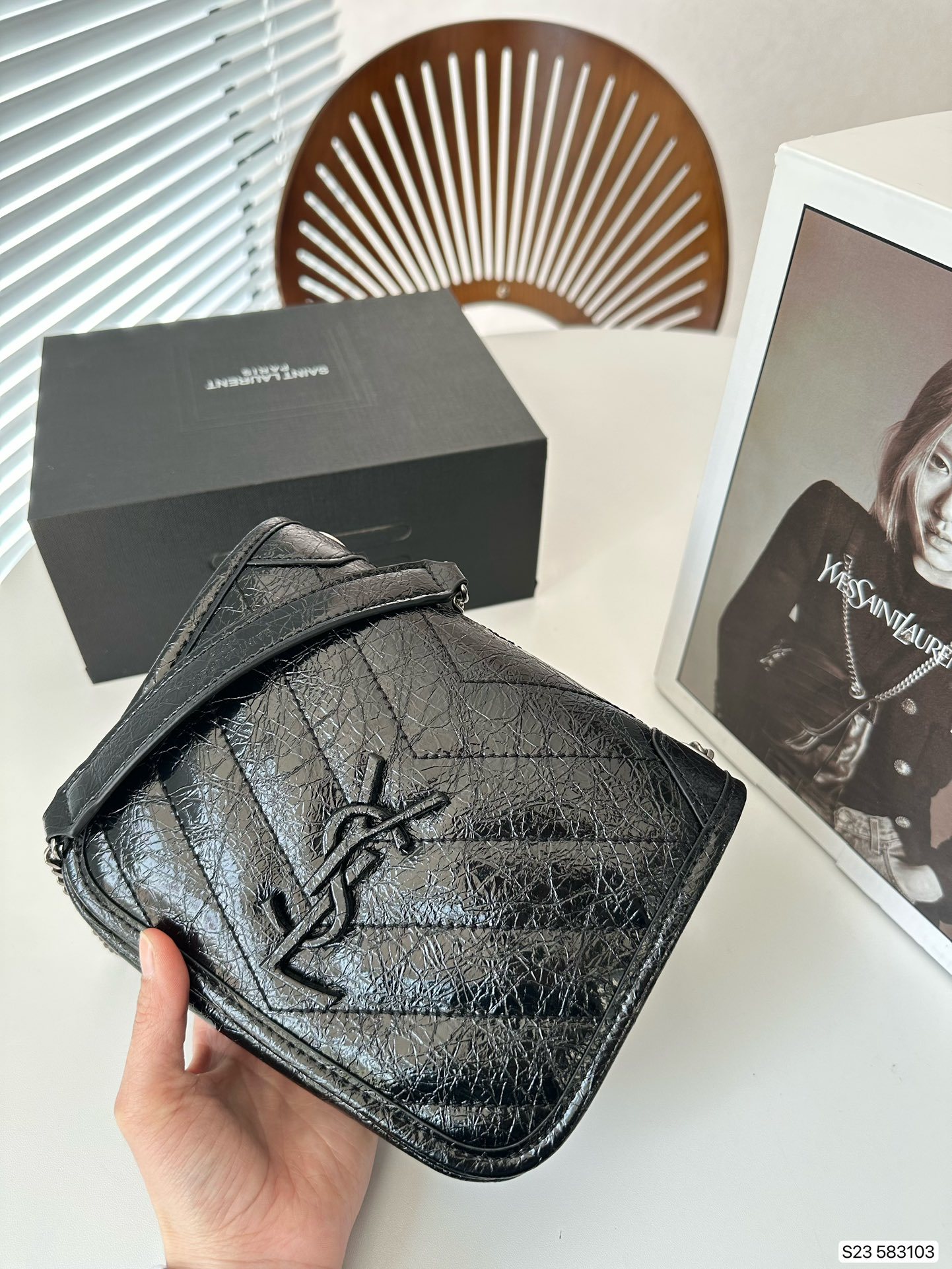 YSL NIKI VINTAGE LEATHER CHAIN WALLET BLACK 19CM