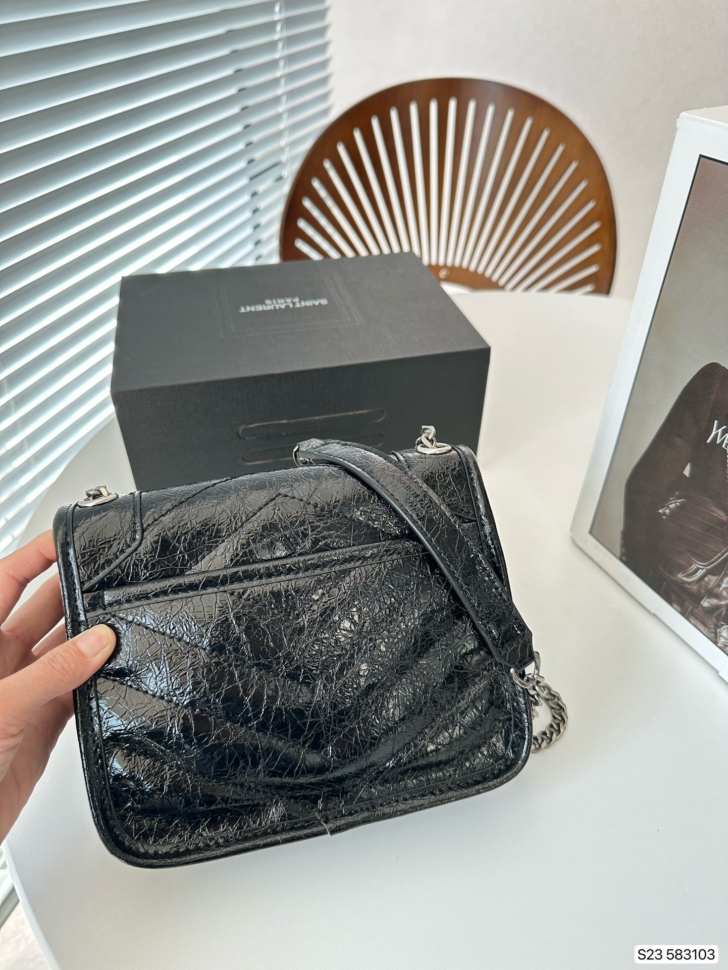 YSL NIKI VINTAGE LEATHER CHAIN WALLET BLACK 19CM