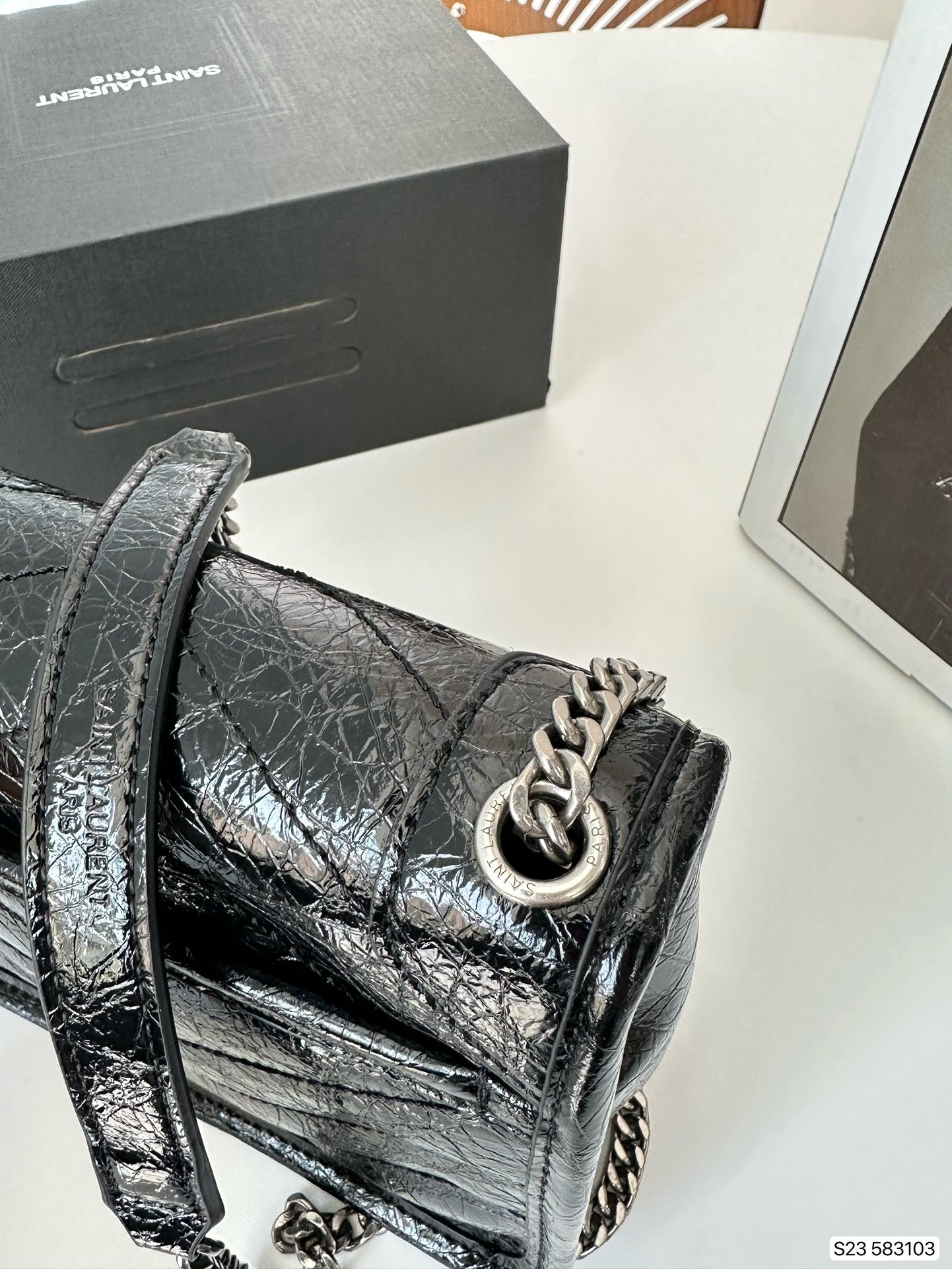 YSL NIKI VINTAGE LEATHER CHAIN WALLET BLACK 19CM