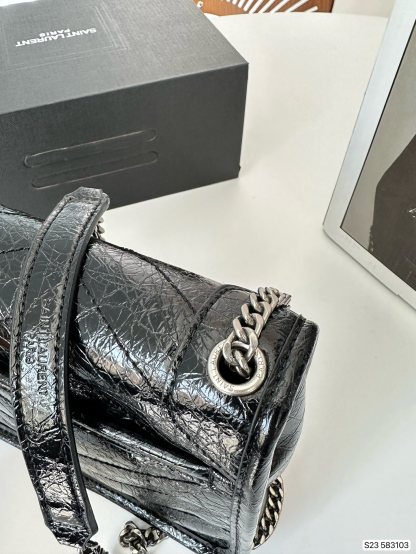 YSL NIKI VINTAGE LEATHER CHAIN WALLET BLACK 19CM