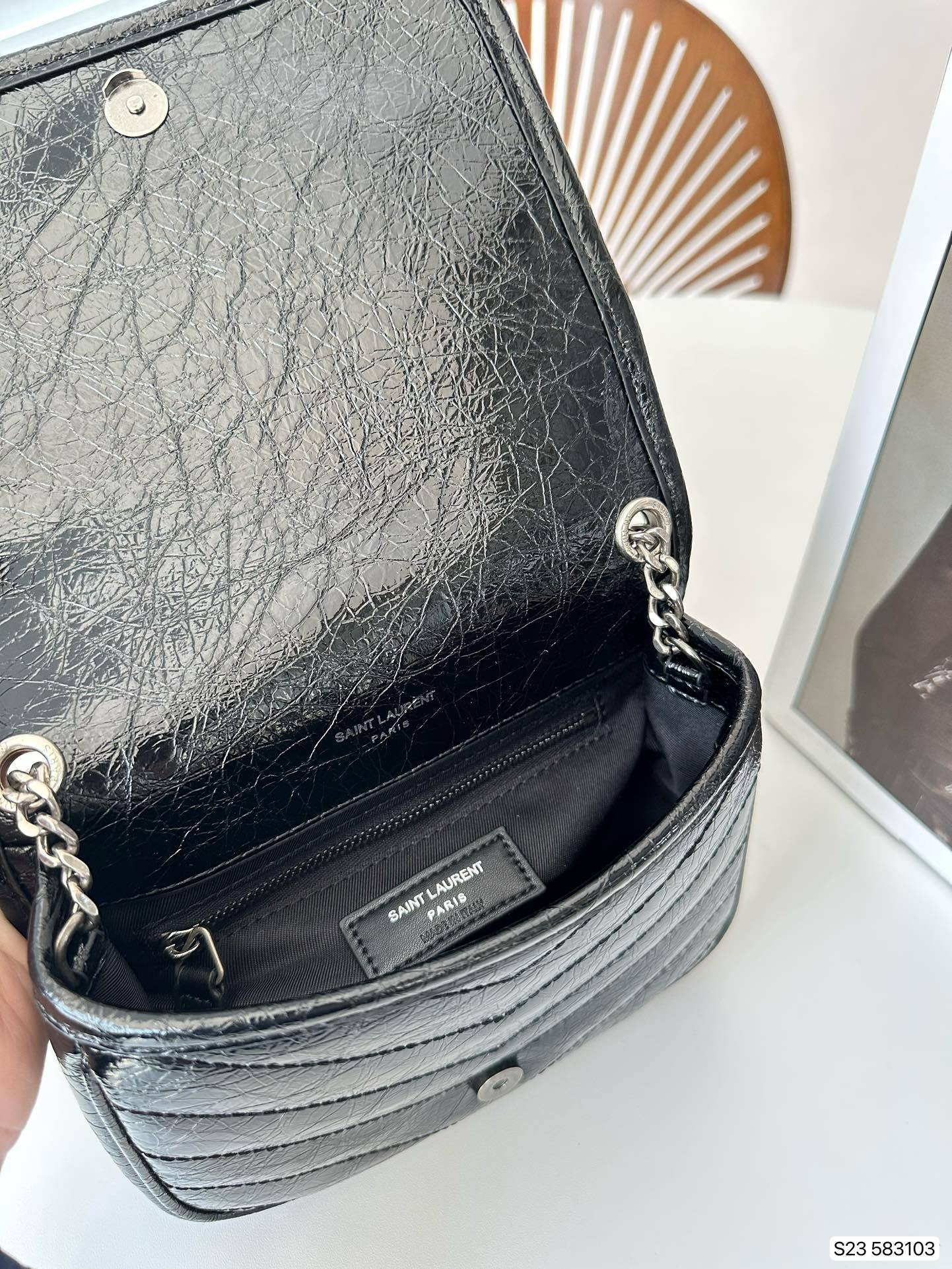 YSL NIKI VINTAGE LEATHER CHAIN WALLET BLACK 19CM