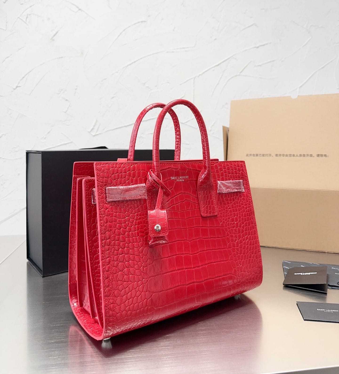 YSL SAC DE JOUR BAG CROCODILE EMBOSSED LEATHER RED 32CM
