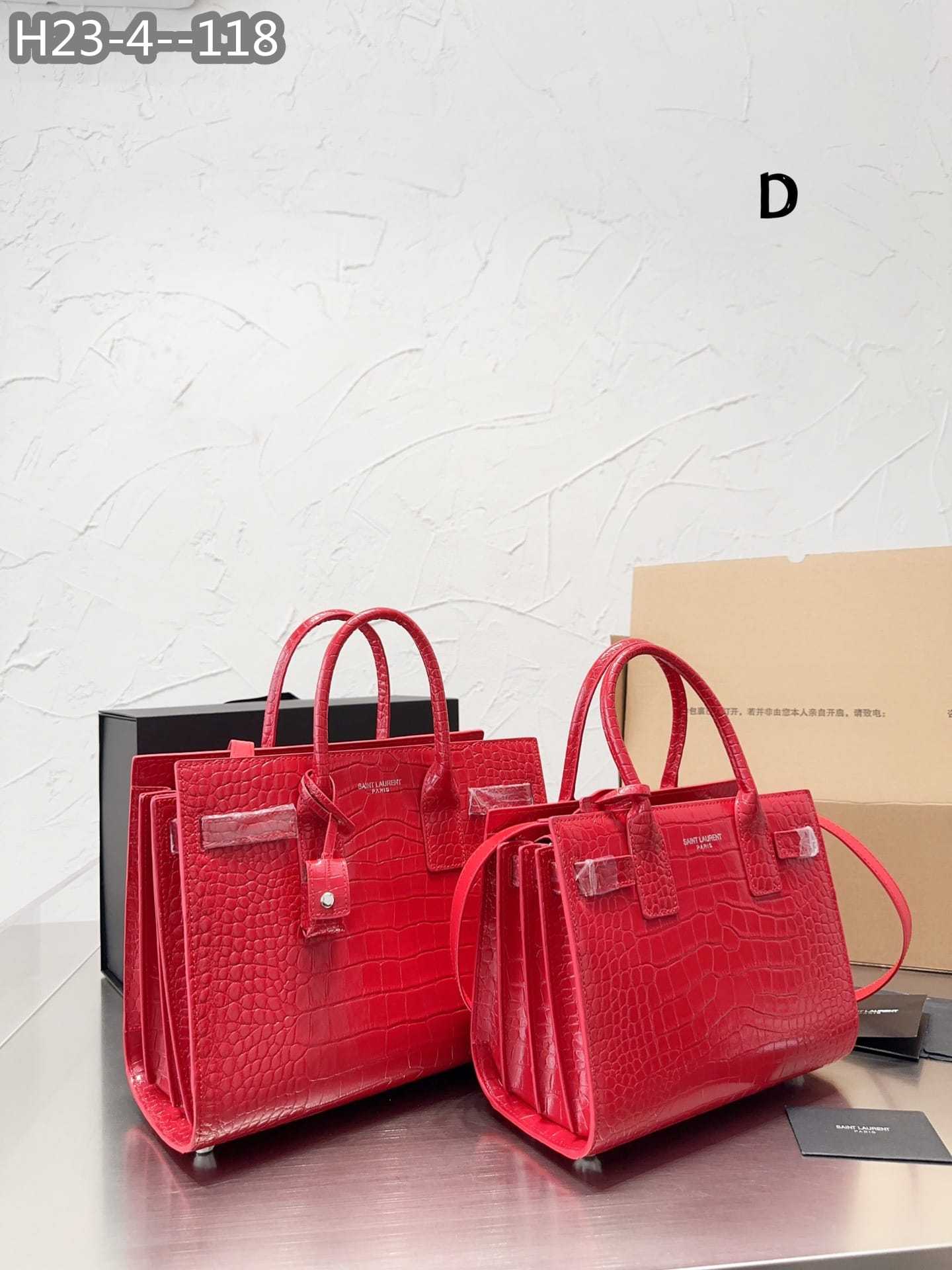 YSL SAC DE JOUR BAG CROCODILE EMBOSSED LEATHER RED 32CM