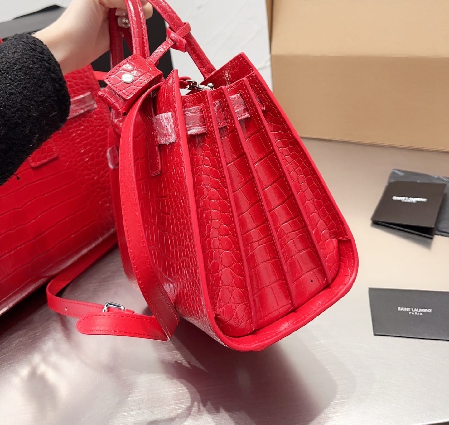 YSL SAC DE JOUR BAG CROCODILE EMBOSSED LEATHER RED 32CM