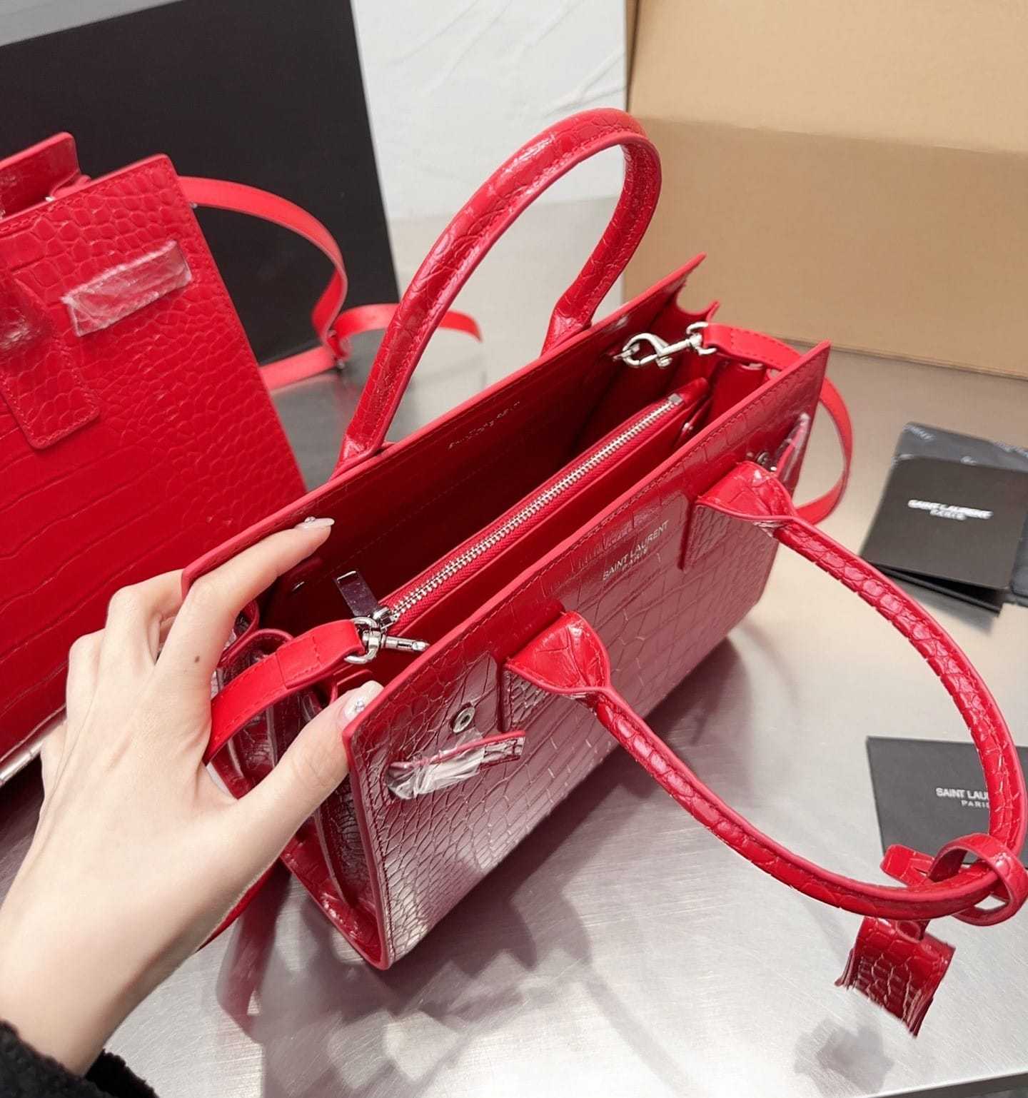 YSL SAC DE JOUR BAG CROCODILE EMBOSSED LEATHER RED 32CM