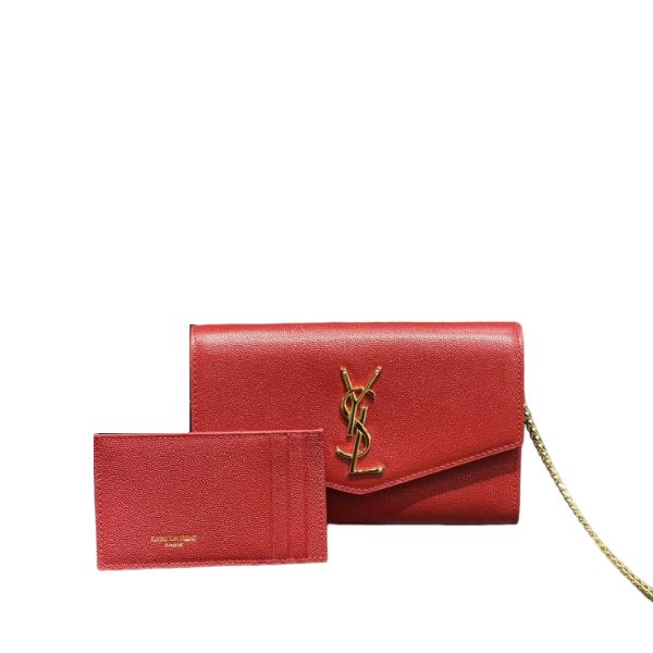 YSL UPTOWN CHAIN WALLET IN GRAIN DE POUDRE EMBOSSED LEATHER RED 19CM