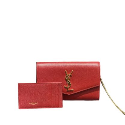 YSL UPTOWN CHAIN WALLET IN GRAIN DE POUDRE EMBOSSED LEATHER RED 19CM