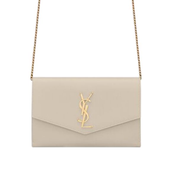 YSL UPTOWN CHAIN WALLET IN GRAIN DE POUDRE EMBOSSED LEATHER BLANC VINTAGE 19CM 6077881GF0J9207
