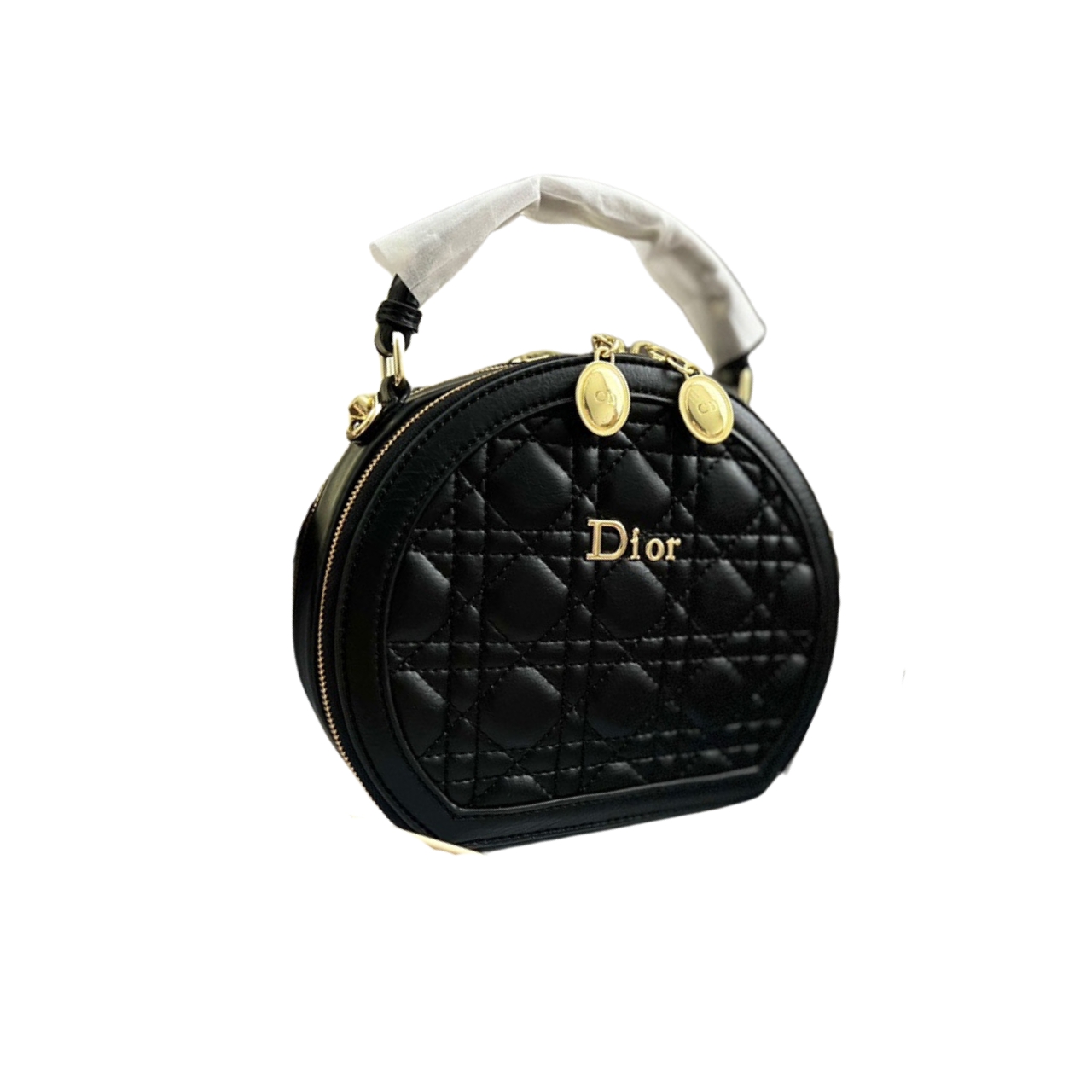 DOR CARO ROUND POUCH CROSS BAG GOLD HARDWARE BLACK 13CM