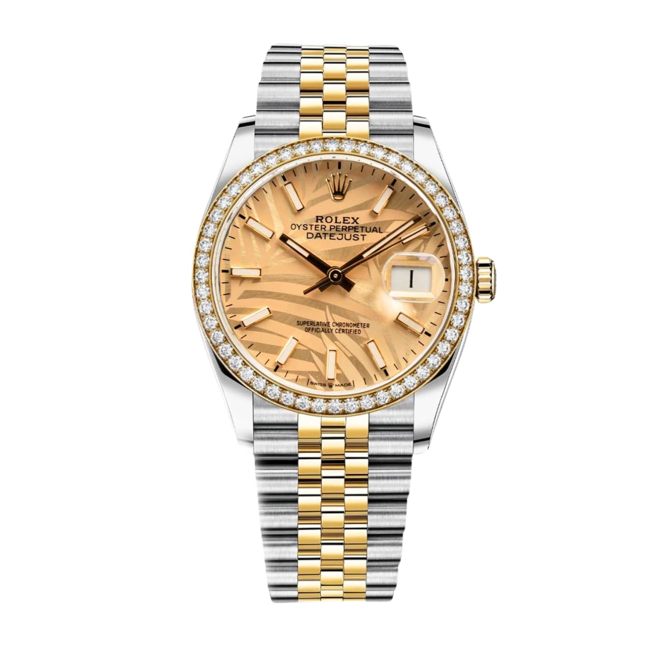 ROLEX DATEJUST GOLD DIAL WITH SILVER AND GOLD STRAP PALM LEAF PATTERN 36MM 126200 0086