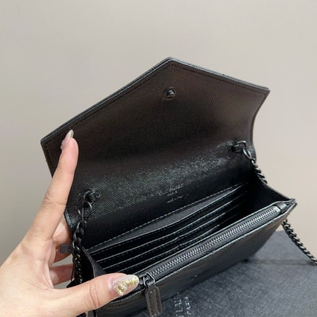 YSL CASSANDRE MATELASSÉ CHAIN WALLET IN GRAIN DE POUDRE EMBOSSED BLACK NOIR 22CM 377828BOW081000