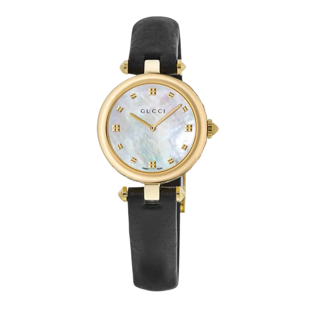 GUCCI DIAMANTISSIMA SWISS QUARTZ WITH BLACK STRAP AND GOLD TONE 27MM YA141404