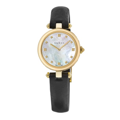 GUCCI DIAMANTISSIMA SWISS QUARTZ WITH BLACK STRAP AND GOLD TONE 27MM YA141404