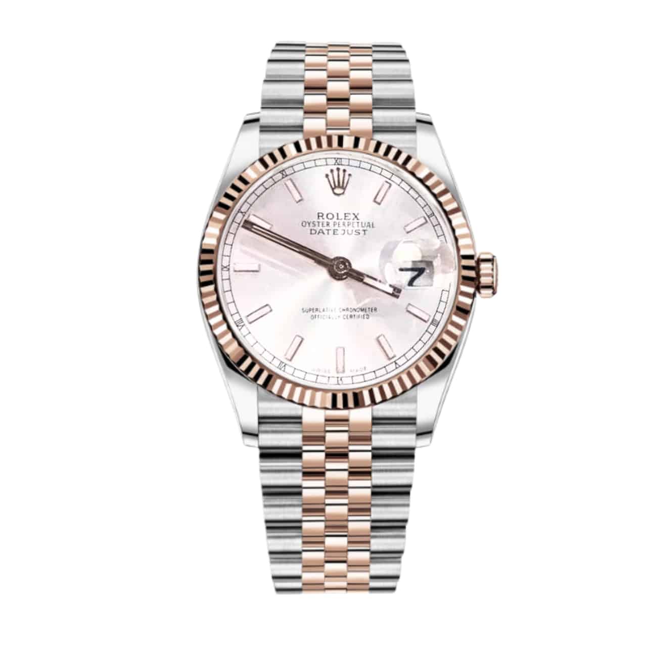 ROLEX OYSTER PERPETUAL DATEJUST WHITE DIAL WITH SILVER AND EVEROSE GOLD STRAP 36MM 126231 0017