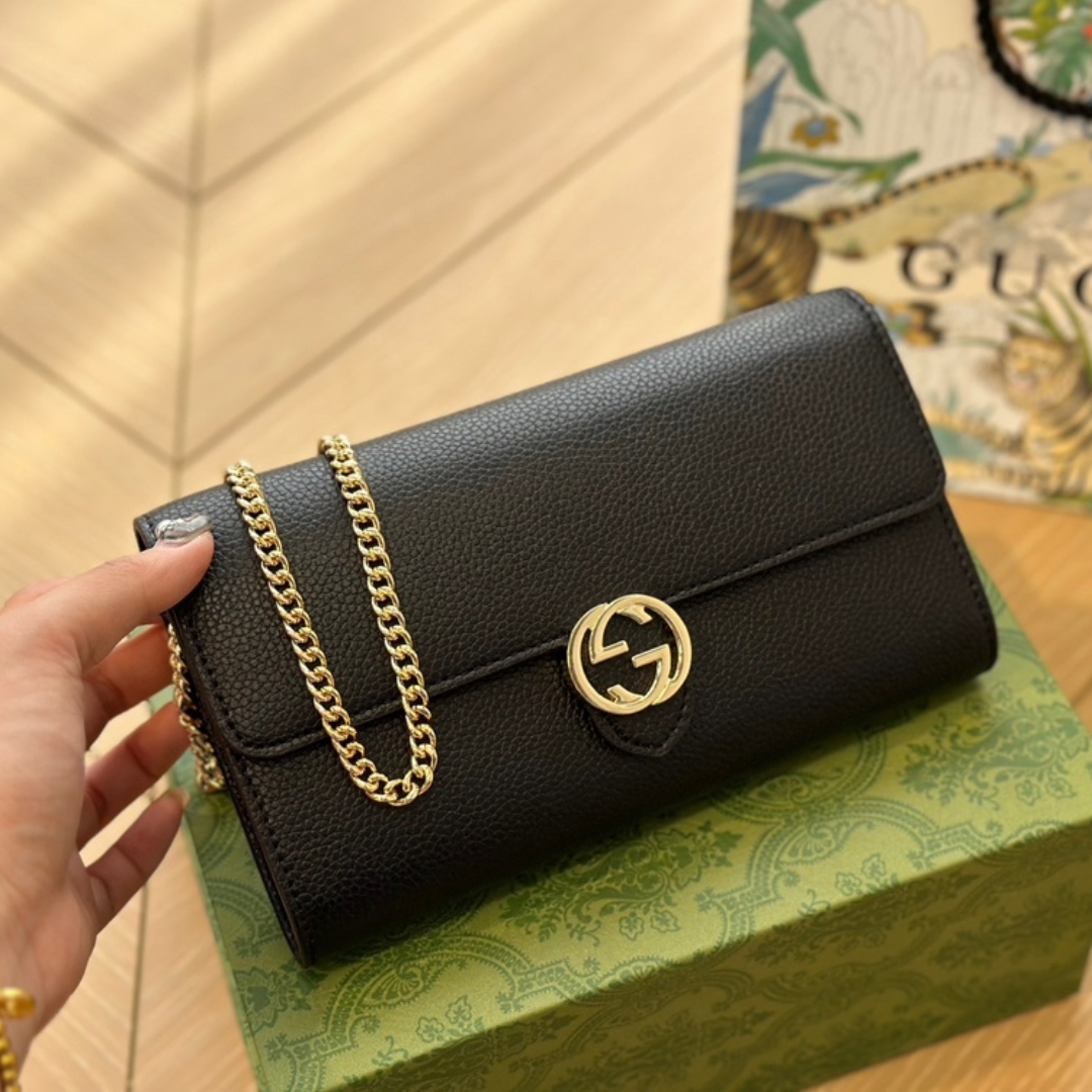 GG ICON GG INTERLOCKING WALLET ON CHAIN CROSSBODY BAG BLACK 21CM 615523 CAO0G 1000