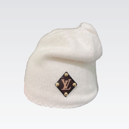 LV WOOL BEANIE WITH MONOGRAM CANVAS &amp; LEATHER TAG WHITE
