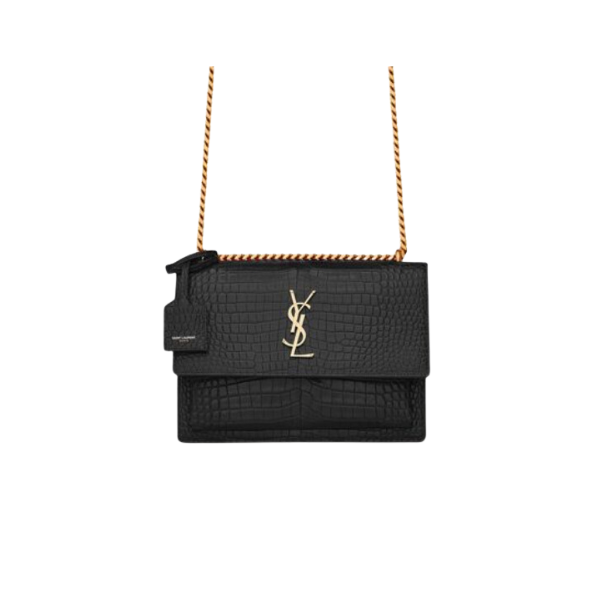 YSL SUNSET MEDIUM CHAIN GAB IN CROCODILE EMBOSSED SHINY BLACK GOLD 22CM 442906DND0J1000