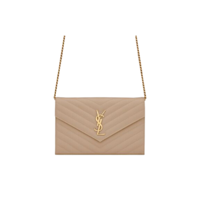 YSL CASSANDRE MATELASSÉ CHAIN WALLET IN GRAIN DE POUDRE EMBOSSED BEIGE 22CM 377828BOW012721